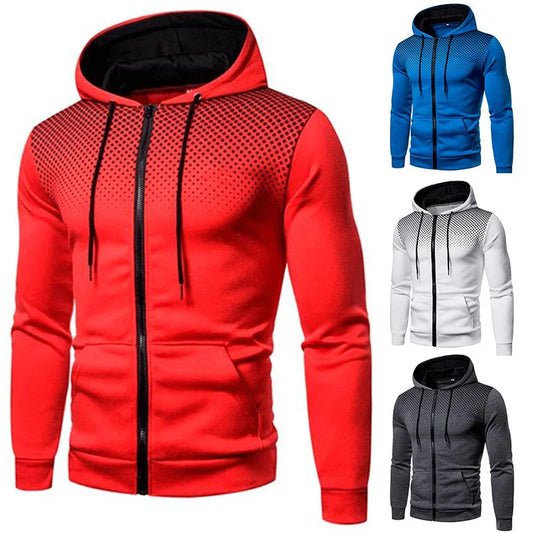 New Autumn Men's Zip Print Hoodie, Casual Solid Hooded Sweatshirt with Long Sleeves